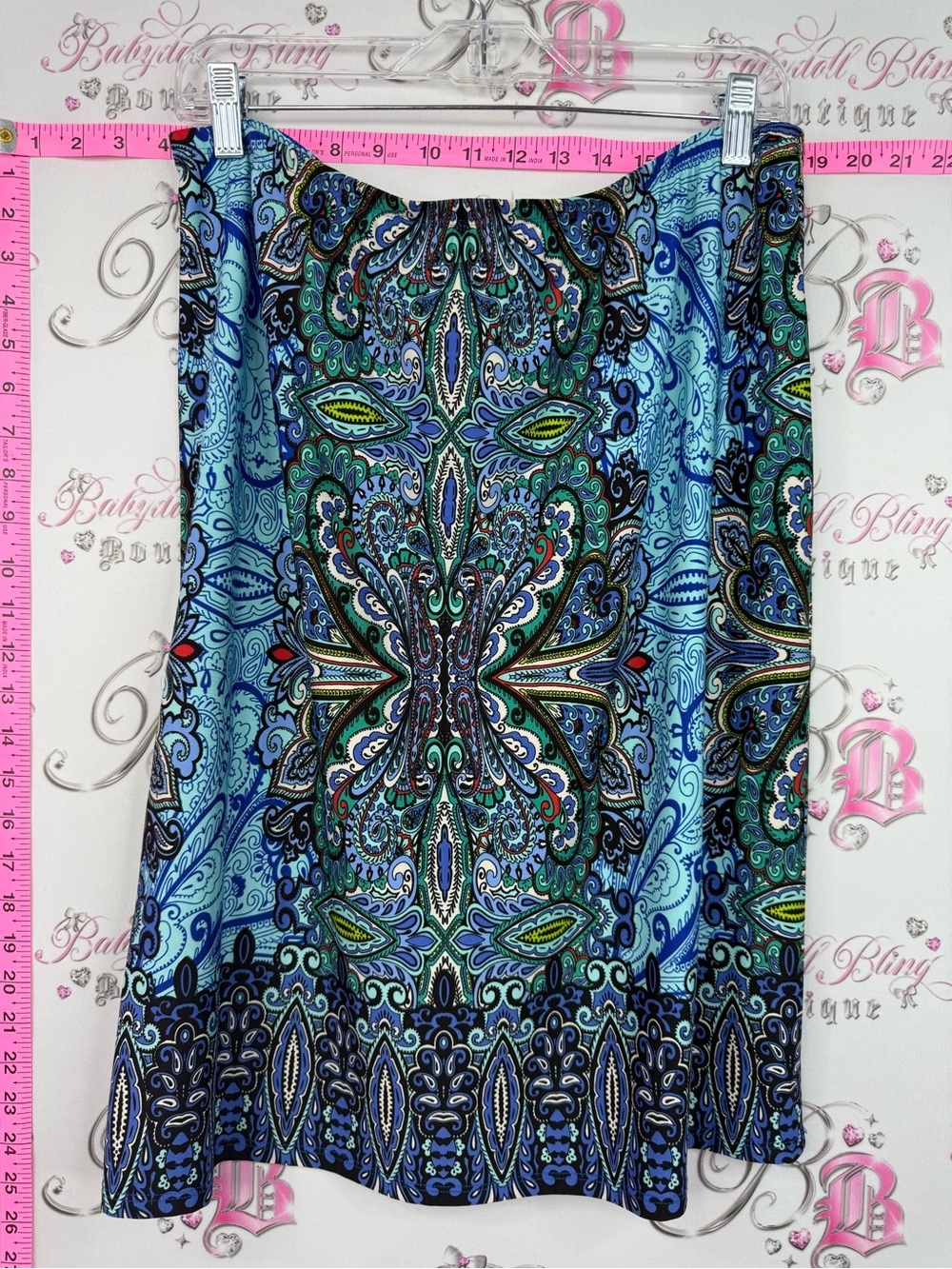 Sunny Leigh Blue Paisley Midi Skirt with Teal and Black Accents